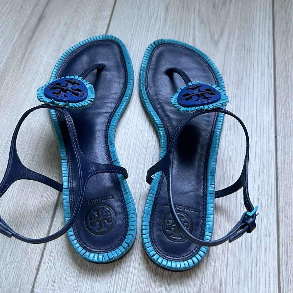 Tory Burch Navy and Turquoise Thora Sandals - Size 7